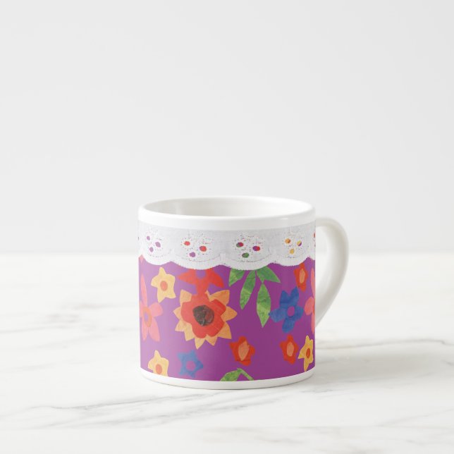 Retro Floral on Magenta, Imitate Spitzen Espresso  Espressotasse (Vorderseite Rechts)