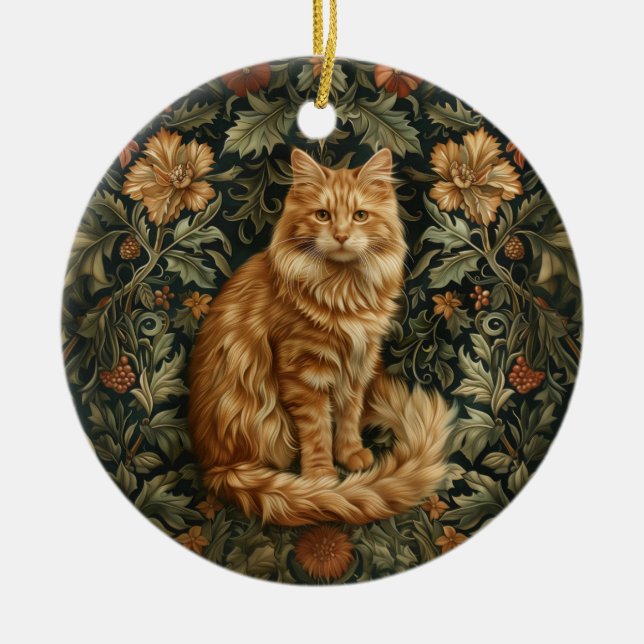 Retro Floral Orange Cat Keramik Ornament (Vorne)