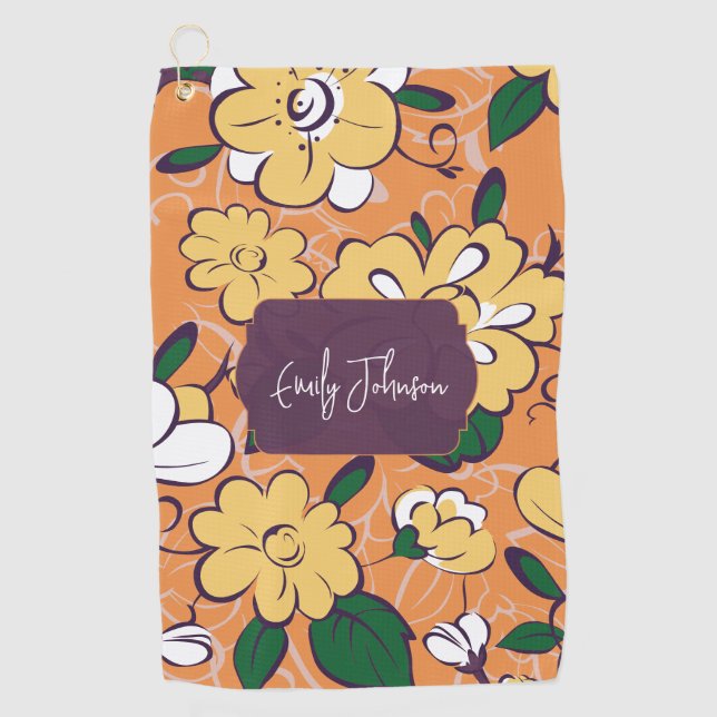 Retro Floral Orange Yellow White Custom Name Golfhandtuch (Vorderseite)