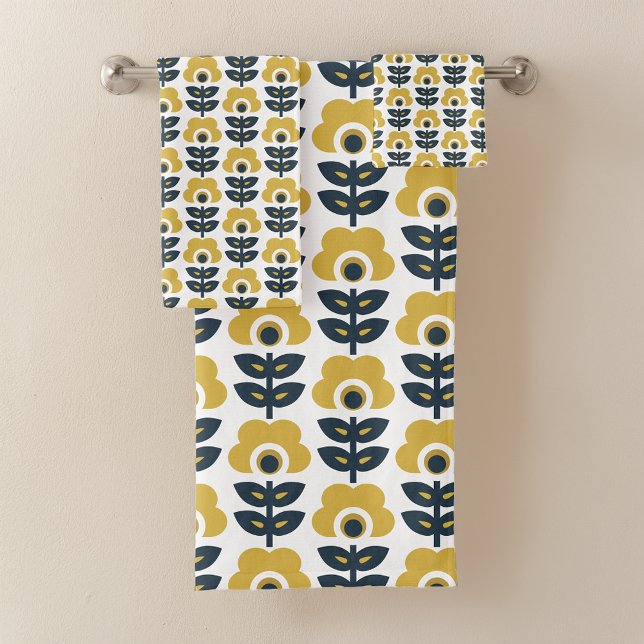 Retro Floral Pattern Marine und Mustard Yellow Badhandtuch Set (Von Creator hochgeladen)