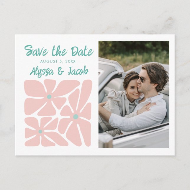 Retro Floral Photo Wedding Save the Date Postkarte (Vorderseite)