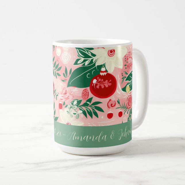 Retro Floral Pink Green Christmas Mug Kaffeetasse (VorderseiteRechts)