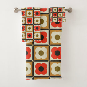 Retro Floral Schachbrett Muster Rot, Burnt Orange Badhandtuch Set
