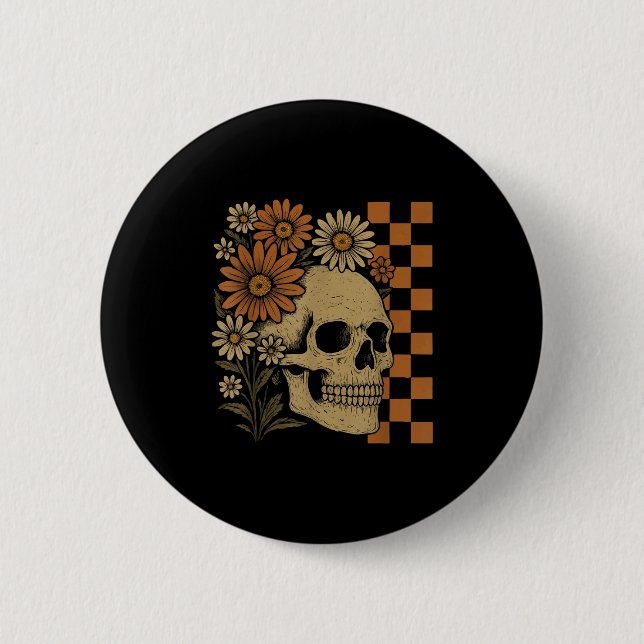 Retro Floral Skeleton Funny Skull Halloween Button (Vorderseite)