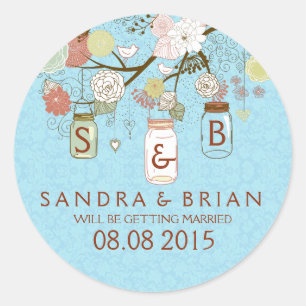 Retro Floral Soft Blue Mason Jar & Wedding Sticker