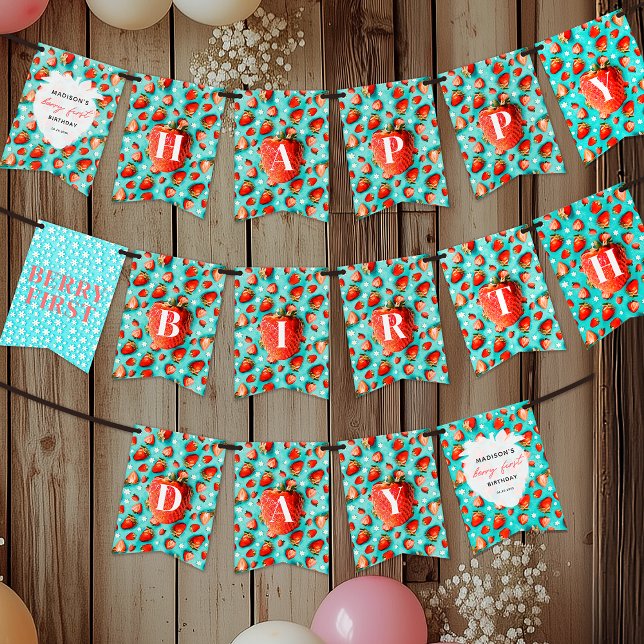Retro Floral Strawberry Niedlich Berry 1. Geburtst Wimpelkette (Von Creator hochgeladen)