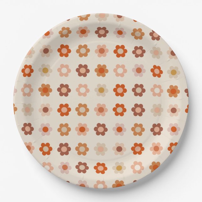 Retro Floral Terracotta Beige Pappteller (Vorderseite)