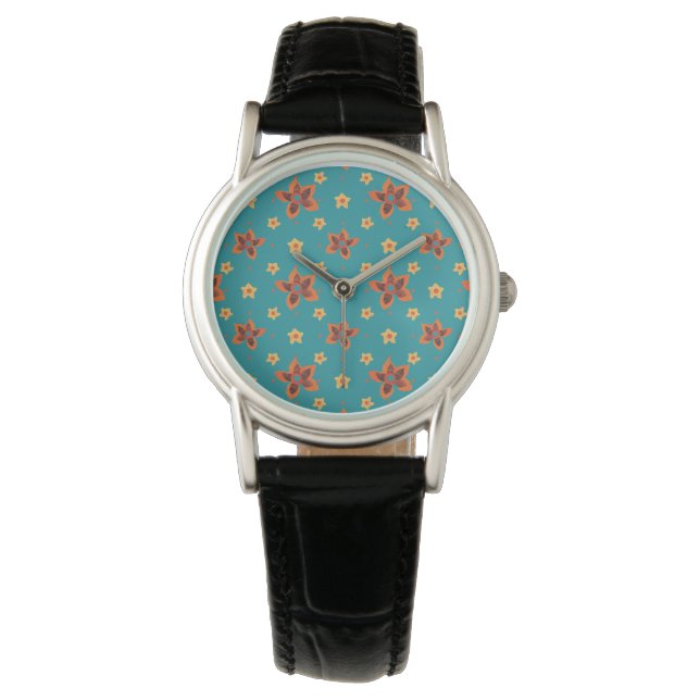 Retro Floral und Polka Dots auf Aquamariner Armban Armbanduhr (Vorderseite)
