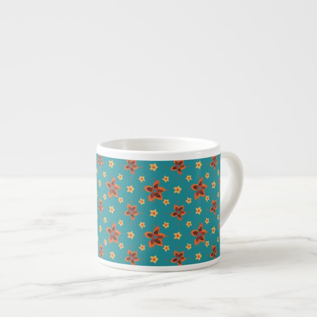 Retro Floral und Polka Dots auf Aquamariner Espres Espressotasse (Vorderseite Rechts)