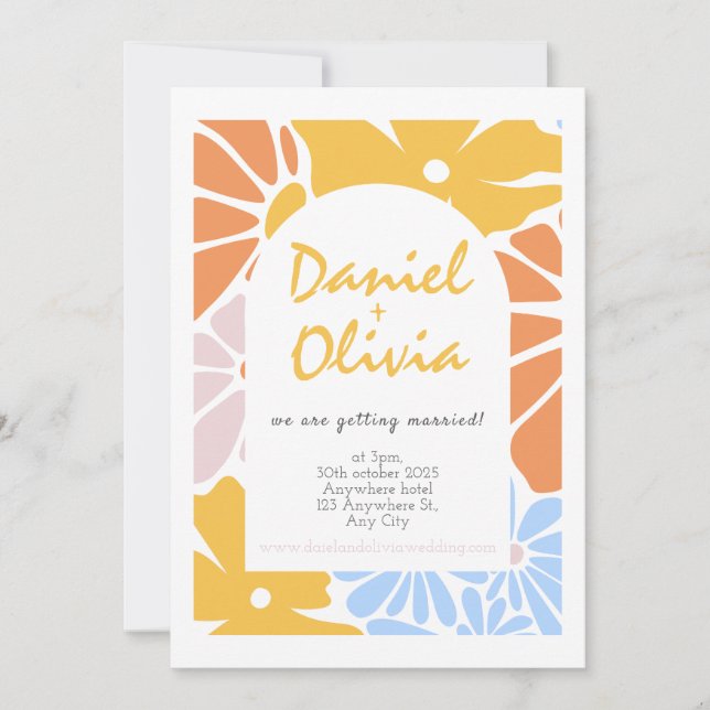 Retro Floral Wedding Einladung (Vorderseite)