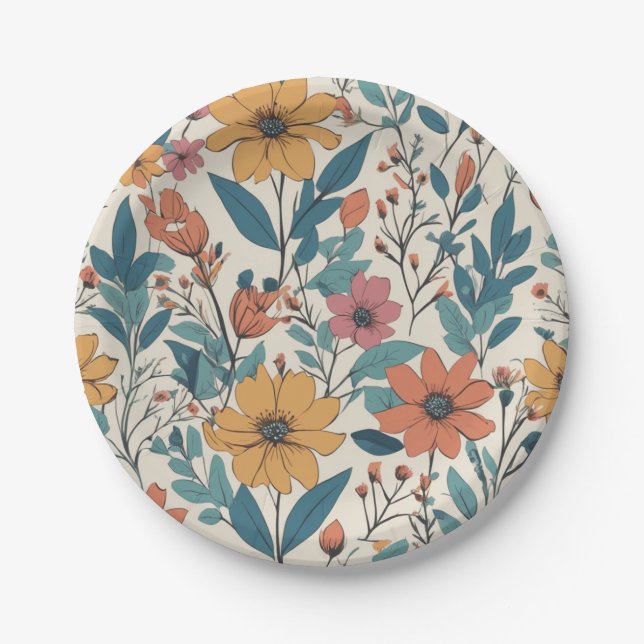 Retro Floral Wild Blume Muster Pappteller (Vorderseite)