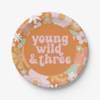 Retro Floral Young Wild Three Birthday Paper Plate
