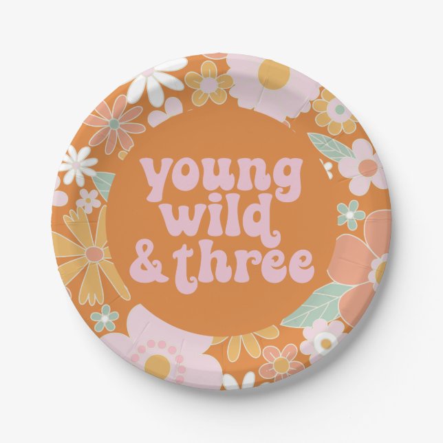 Retro Floral Young Wild Three Birthday Paper Plate Pappteller (Vorderseite)