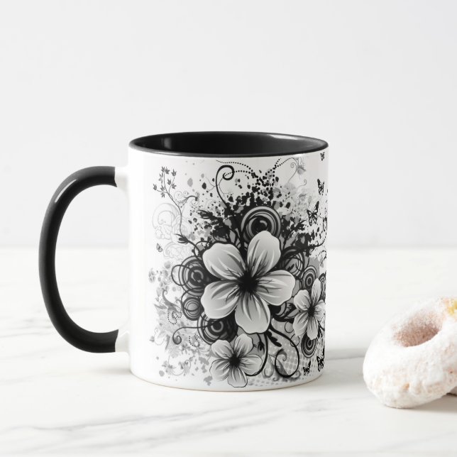 Retro-florale elegante schwarze Blume Kaffee Tasse (Mit Donut)