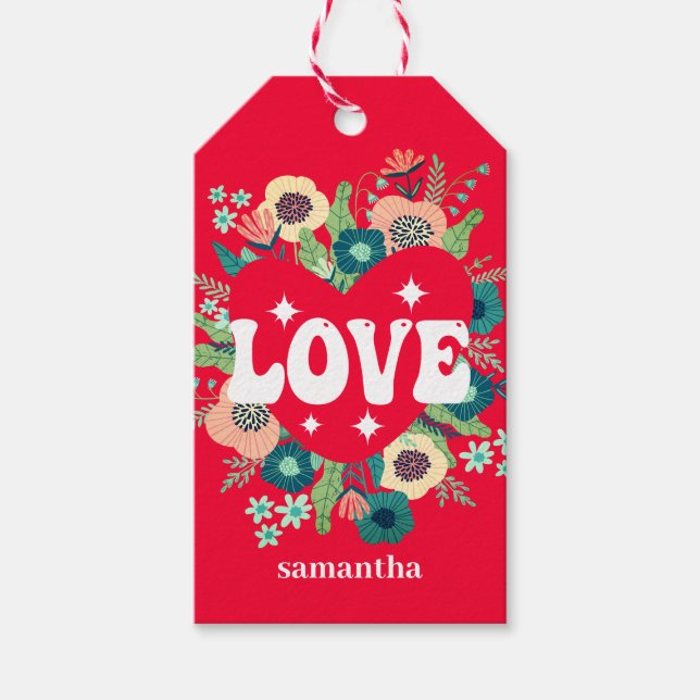 Retro florale Herz Liebe Roter Valentinstag Geschenkanhänger (Vorderseite)