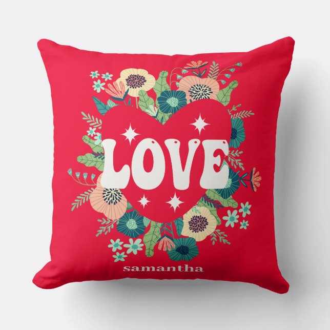 Retro florale Herz Liebe Roter Valentinstag Kissen (Vorderseite)