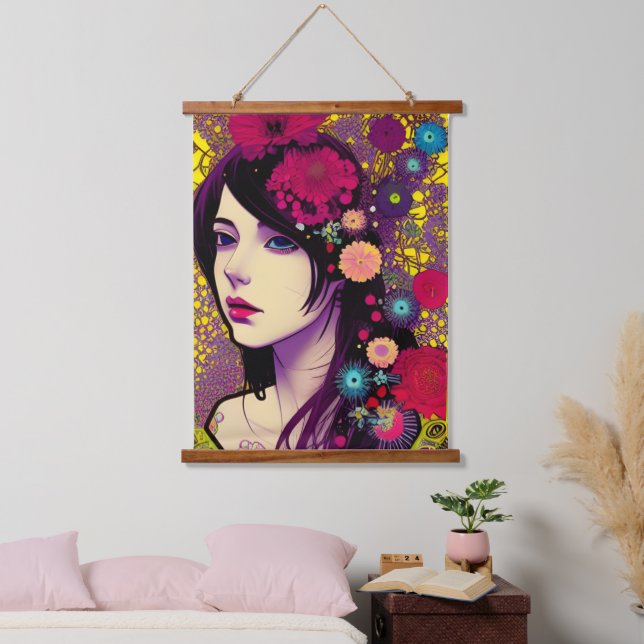 Retro FloralPunk Girl Digitale Kunst Wandteppich Mit Holzrahmen (Schlafzimmer)