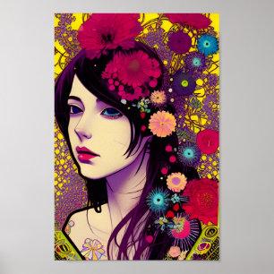 Retro FloralPunk Girl Digitales Kunstposter Poster