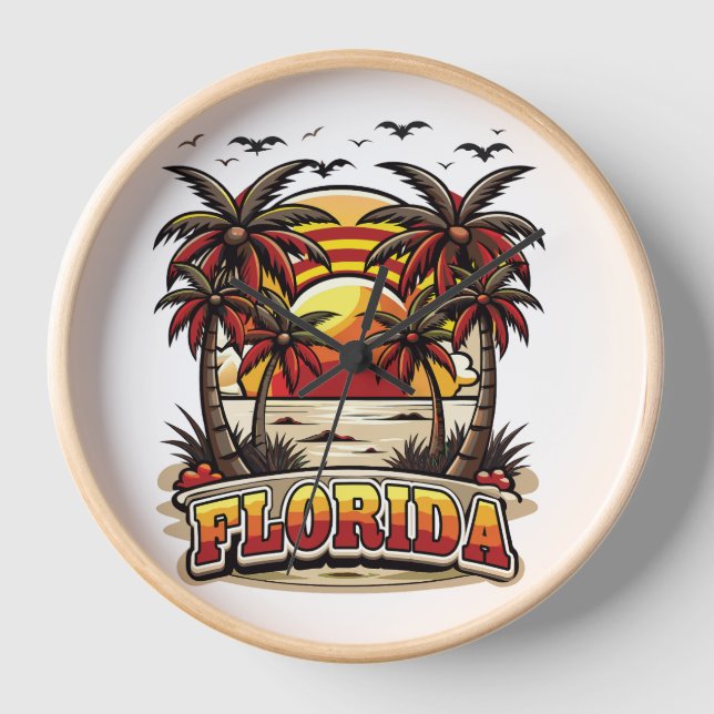 Retro Florida Sonnenuntergang mit Palmen Uhr (Vorderseite)