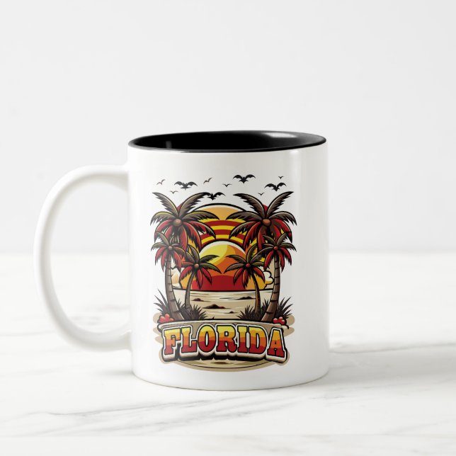 Retro Florida Sonnenuntergang mit Palmen Zweifarbige Tasse (Links)