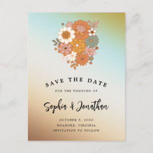 Retro Flower Power QR-Code Hochzeit Terminreservie Ankündigungspostkarte