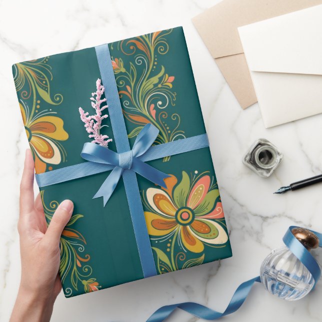 Retro Flower Power Ranken Border 1 Geschenkpapier (Schenken)
