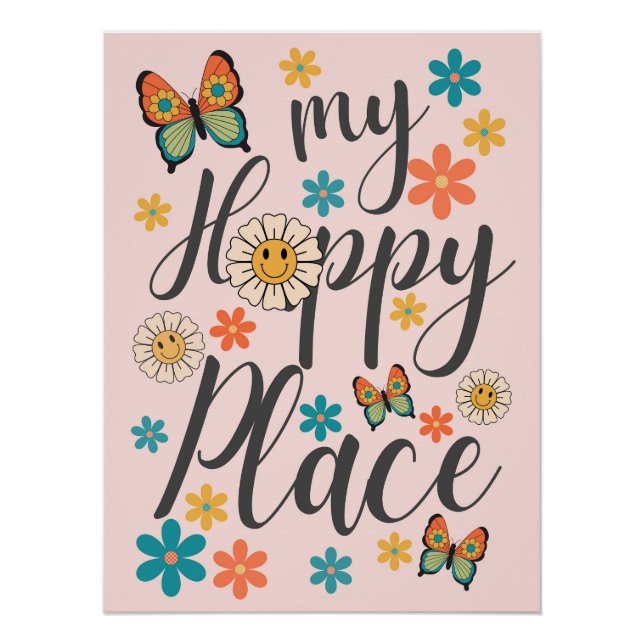 Retro Flowers Butterfly Wall Poster Art  (Vorderseite)