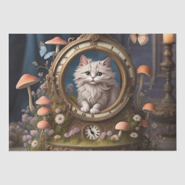 Retro Fluffy Cat, antike Uhr Decoupage Seidenpapier (Vorderseite)