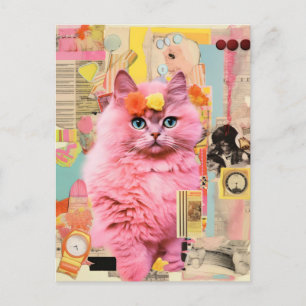 Retro Fluffy Pink Cat Collage Postkarte