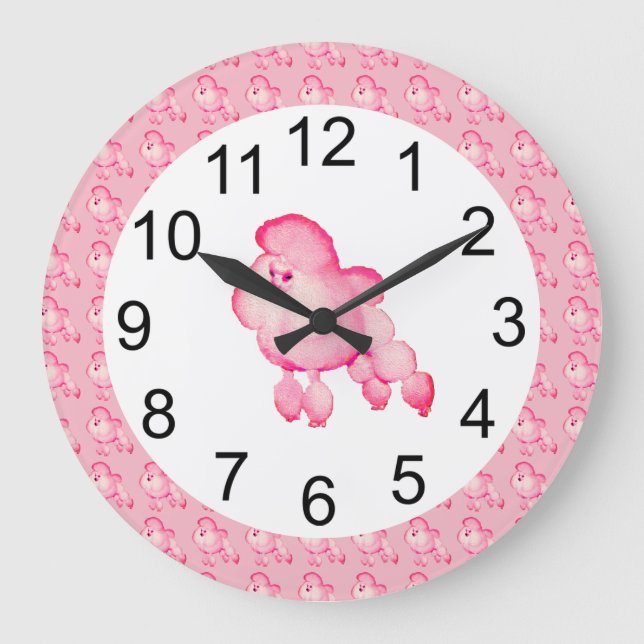 Retro Fluffy Pink Poodle Wall Clock Große Wanduhr (Vorderseite)