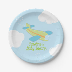Retro-Flugzeug-Baby-Party in Blau und Grün Pappteller