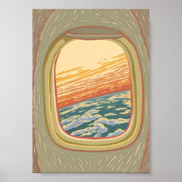 Retro-Flugzeug-Fensterblick-Sonnenuntergang-Wolken Poster