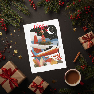 Retro-Flugzeug-Weihnachtsbaum-Familienfoto Lustig Feiertagskarte