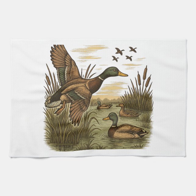 Retro-Flying-Mallard-Duck-Hunting Geschirrtuch (Horizontal)