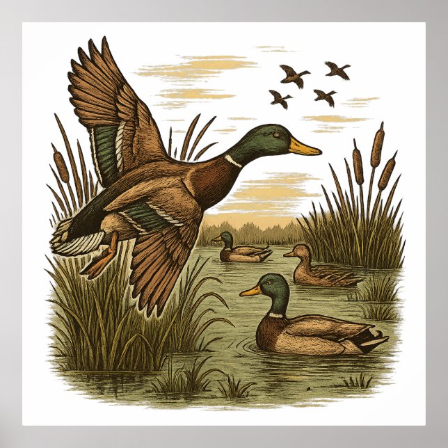 Retro-Flying-Mallard-Duck-Hunting,  Poster (Vorne)