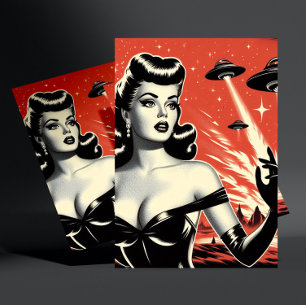 Retro-Flying-Saucer-Pin-up Postkarte