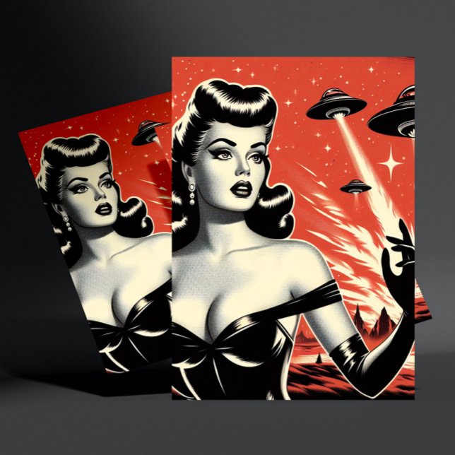 Retro-Flying-Saucer-Pin-up Postkarte (Von Creator hochgeladen)