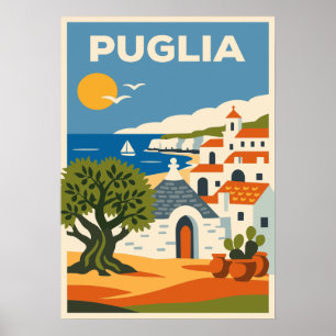 Retro Folk Apulien Italien Olivenbaum Trullo Reise Poster