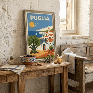 Retro Folk Apulien Italien Olivenbaum Trullo Reise Poster
