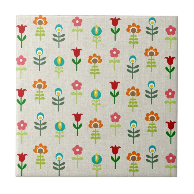 Retro Folk Blume Muster Fliese (Vorderseite)
