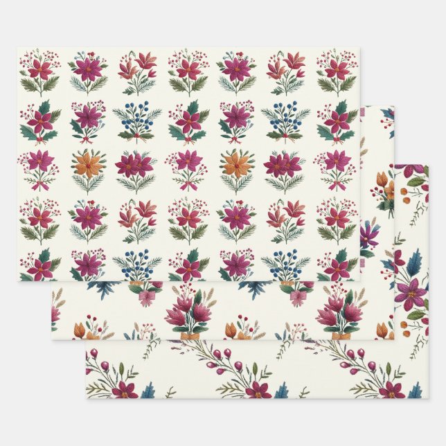Retro Folk Floral Christmas Geschenkpapier Set (Set)