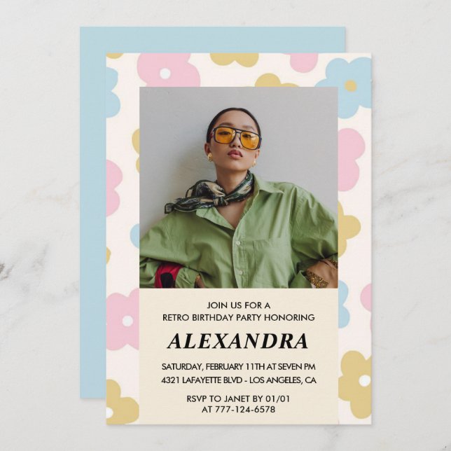 Retro Foto Blumenmuster 39. Geburtstag Einladung (Vorne/Hinten)