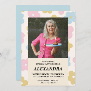 Retro Foto Blumenmuster 74. Geburtstag Einladung