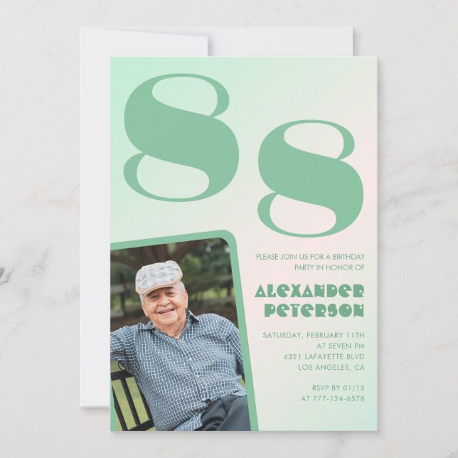 Retro Foto Green Gradient Man 88. Geburtstag Einladung (Vorderseite)