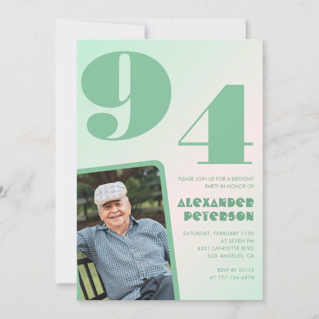 Retro Foto Green Gradient Man 94. Geburtstag Einladung (Vorderseite)