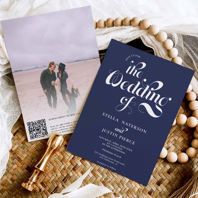 Retro Foto Marine Blue Skript Hochzeit Qr-Code Einladung (Von Creator hochgeladen)