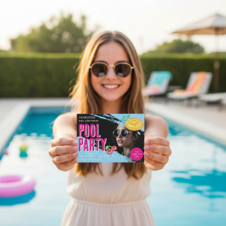 Retro-Foto-Poolparty-Geburtstags-QR-Code-RSVP Einladung