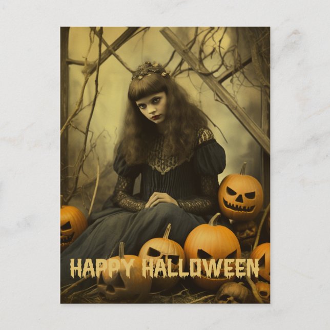 Retro Fotografie Halloween niedliche böse Hexenfra Postkarte (Vorderseite)