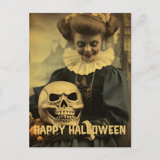 Retro Fotografie Halloween niedliche böse Hexenfra Postkarte (Vorderseite)