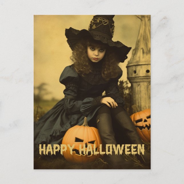 Retro Fotografie Halloween niedliche böse Hexenfra Postkarte (Vorderseite)